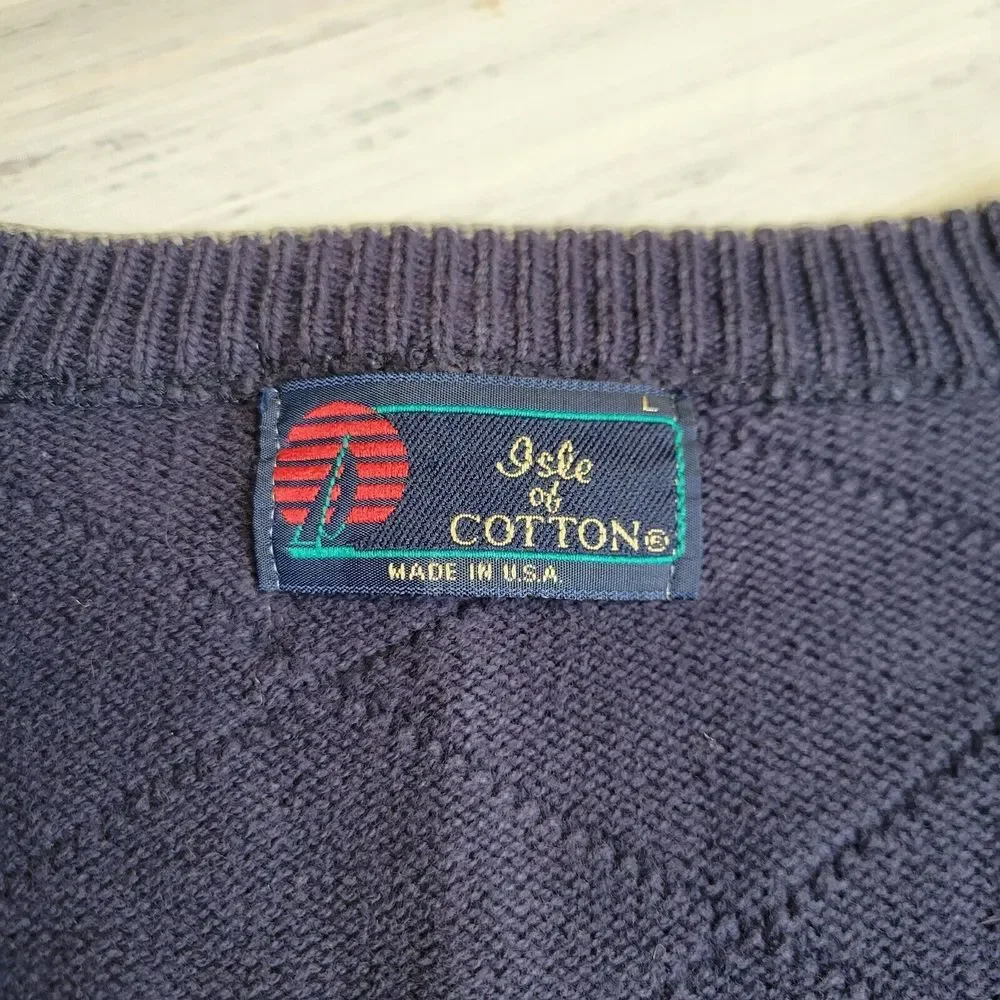 Vintage Isle Of Cotton Golf Sweater Mens Large Blue V Neck Button Textured Crest